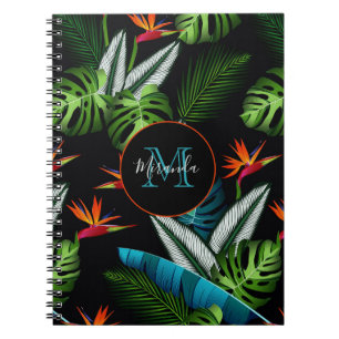 Caderno Espiral Nome da folhagem verde da selva tropical negra