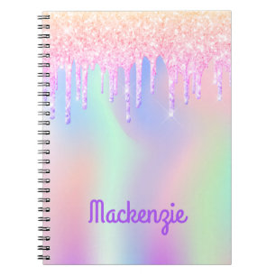Caderno Espiral Nome da menina unicórnio iridescente, cor-de-rosa