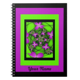 Caderno Espiral Nome das Flores Fractais Verdes Cor-de-Rosa Abstra