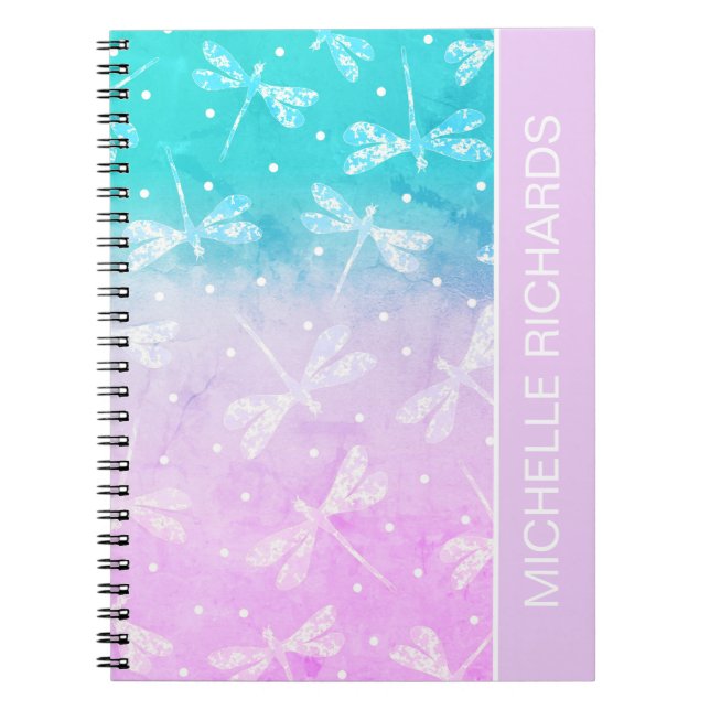 Caderno Espiral Nome das libélulas aqua rosa-rosado moderno (Frente)