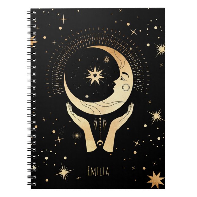 Caderno Espiral Nome das Mãos Douradas da Lua Celestial Negra Negr (Frente)