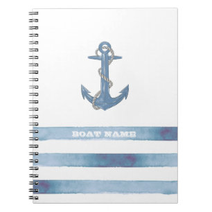 Caderno Espiral Nome de Barco Náutico, Âncora, Corda, Listras Azul