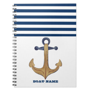 Caderno Espiral Nome de Barco Náutico, Listra Azul-Marinho Âncora 
