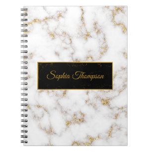 Caderno Espiral Nome de mármore branco Elegante moderno Dourado -