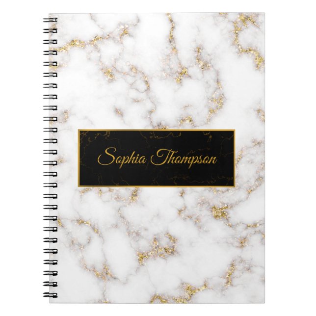 Caderno Espiral Nome de mármore branco Elegante moderno Dourado -  (Frente)