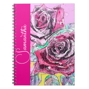 Caderno Espiral Nome de Meninas Florais Flor de Aquarela de Rosa V