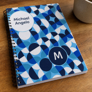 Caderno Espiral Nome de Monograma Geométrico Azul Personalizado