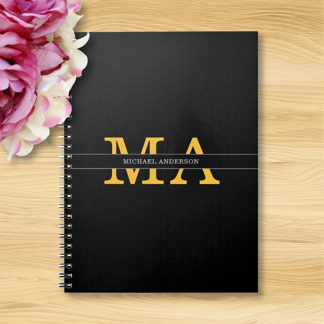 Caderno Espiral Nome de Monograma Preto Dourado Elegante Moderno (Criador carregado)
