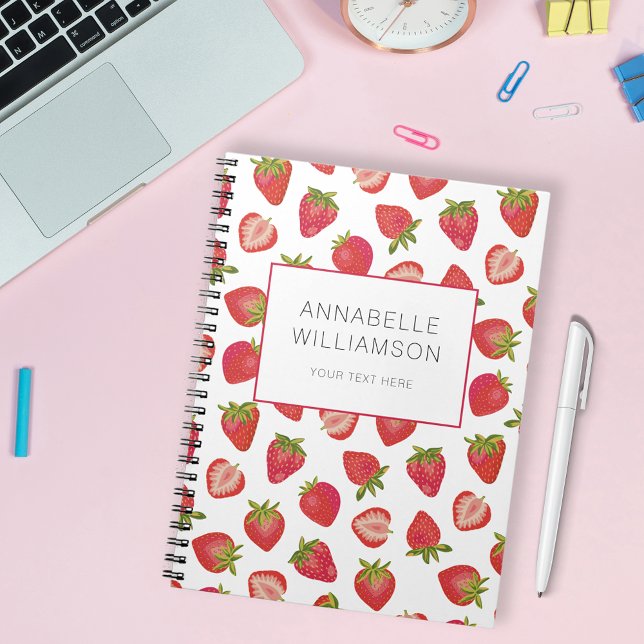 Caderno Espiral Nome de Morango (Cute strawberry notebook with personalized text options; add your name, subject or choice of text)