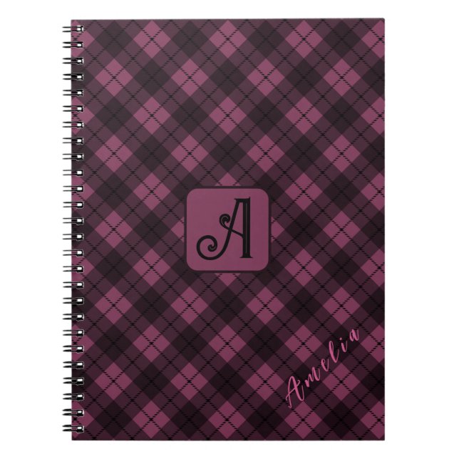 Caderno Espiral Nome de Personalização da Xadrez Preta Roxa (Frente)