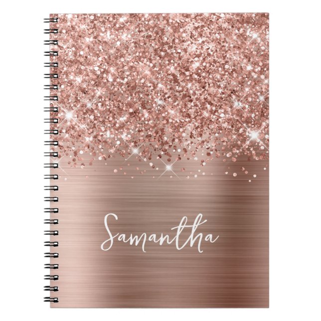 Caderno Espiral Nome de Script de Glam Dourado do Glittery Rosa (Frente)