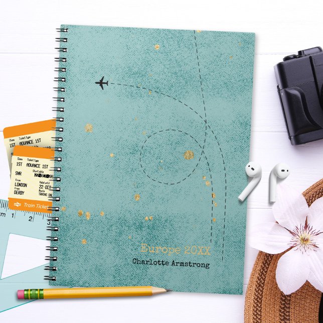 Caderno Espiral Nome do avião de avião Green Blue Viagem (Wanderlust Name Airplane Green Blue Gold Travel Notebook ©Susanne Sachers - Sunny Wanderlust 🌞✈️)