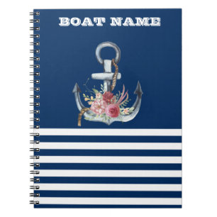 Caderno Espiral Nome do Barco,Âncora Flores Azul Marinho Listrado