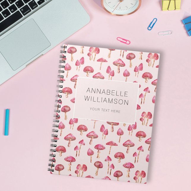 Caderno Espiral Nome do cogumelo aquoso (Cute pink woodland mushroom pattern notebook.  Personalize with your own name and choice of text.)