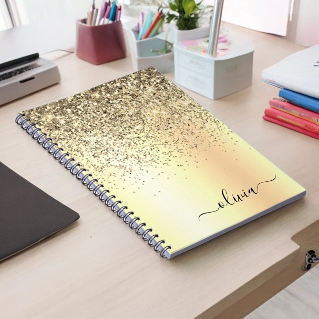Caderno Espiral Nome do Glam do Monograma Dourado Glitter Metal (Criador carregado)