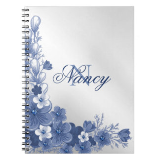 Caderno Espiral Nome do Monograma Cinza Floral Blue Silver Elegant