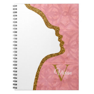 Caderno Espiral Nome Do Monograma Da Face Dourada, Rosa E Rosa