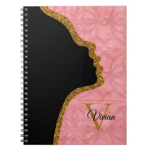 Caderno Espiral Nome Do Monograma Da Face Dourada, Rosa E Rosa