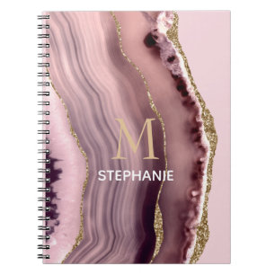 Caderno Espiral Nome do Monograma de Geodo de Agate Rosa e Roxo