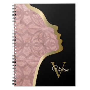 Caderno Espiral Nome Do Monograma De Rosto Dourado E Preto, Rosa,