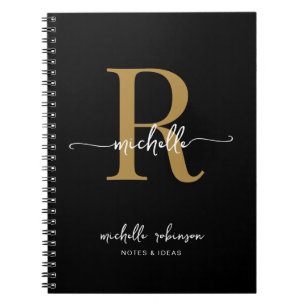 Caderno Espiral Nome do Monograma de Script Dourado Preto-Chic Gir