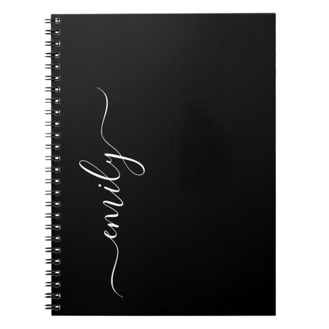 Caderno Espiral Nome do Monograma de Script Moderno Preto e Branco (Frente)