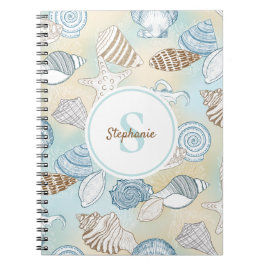 Caderno Espiral Nome do Monograma do Beach Seashells