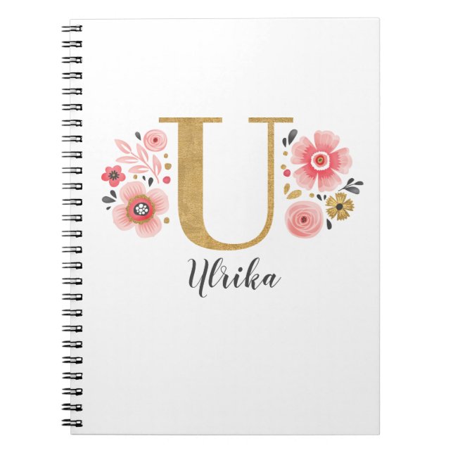 Caderno Espiral Nome do Monograma do Elegante Script Branco Floral (Frente)