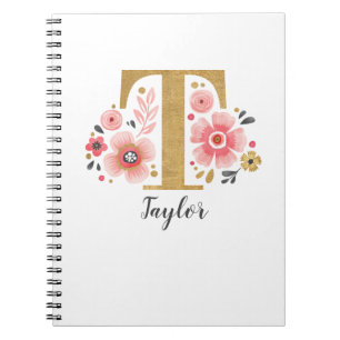 Caderno Espiral Nome do Monograma do Elegante Script Floral Cor-de