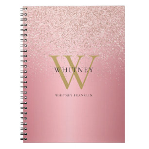 Caderno Espiral Nome do Monograma do Glitter Dourado rosa
