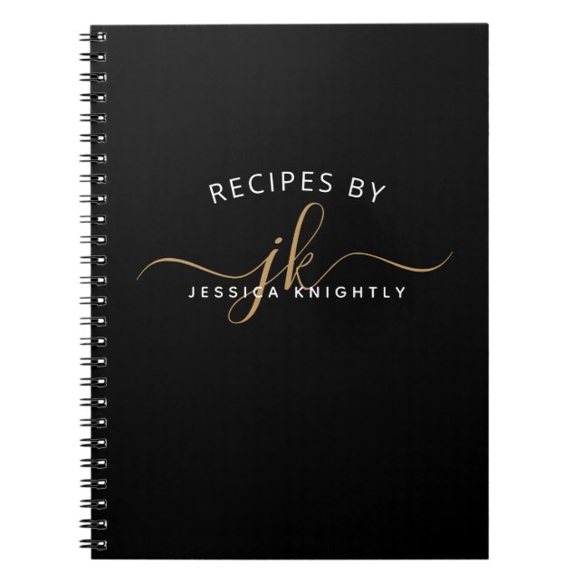 Caderno Espiral Nome do Monograma do Script Dourado Preto Moderno  (Frente)