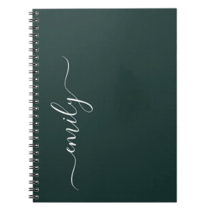 Caderno Espiral Nome do Monograma do Script Moderno Verde Escuro
