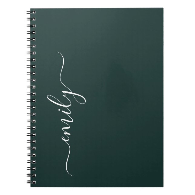 Caderno Espiral Nome do Monograma do Script Moderno Verde Escuro (Frente)