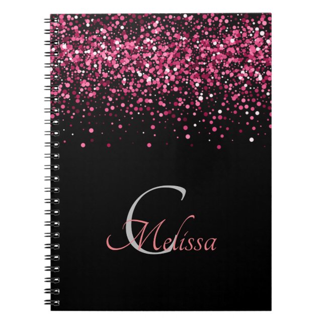Caderno Espiral Nome do Monograma Dourado Elegante Rosa preto (Frente)