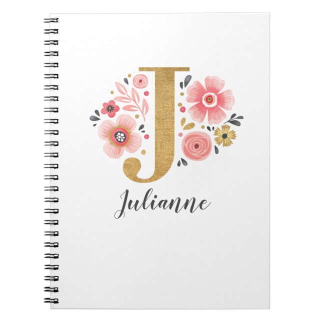 Caderno Espiral Nome do Monograma Elegante Script Floral Dourado R (Frente)