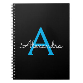 Caderno Espiral Nome do Monograma Girly de Script Preto Azul