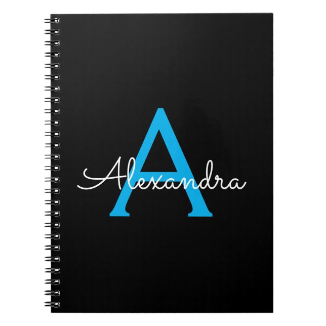 Caderno Espiral Nome do Monograma Girly de Script Preto Azul (Frente)