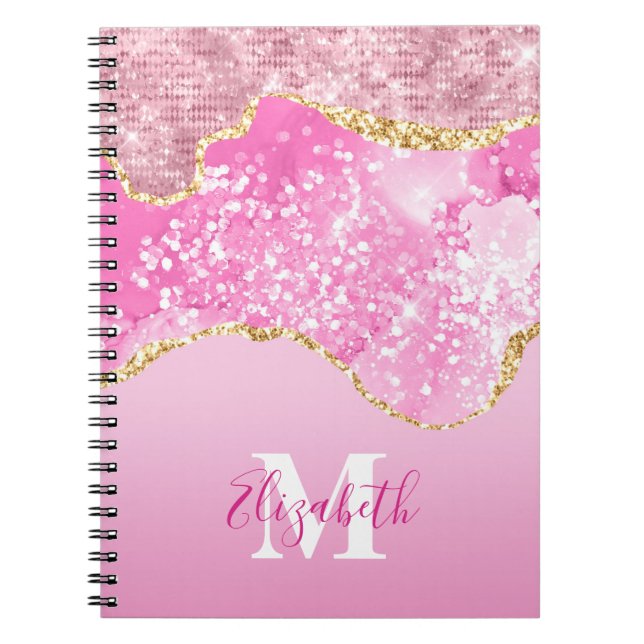 Caderno Espiral Nome do Monograma Glitor Dourado Rosa Inicial (Frente)