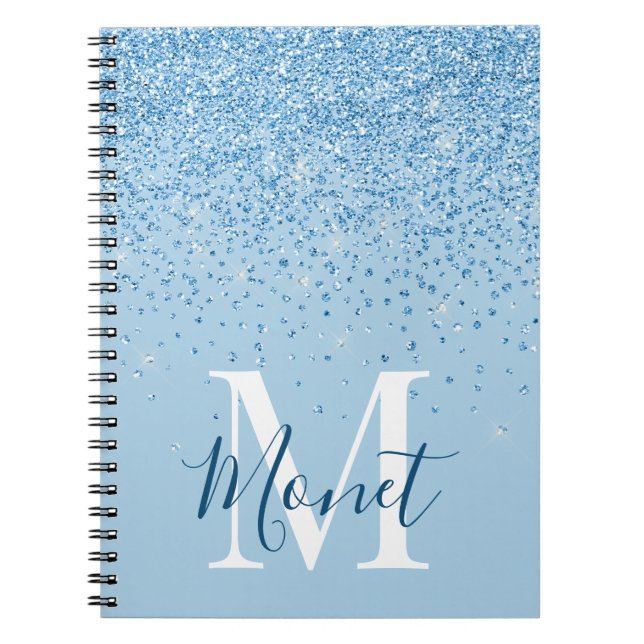 Caderno Espiral Nome do Monograma Glitter Glitter Azul Claro (Frente)