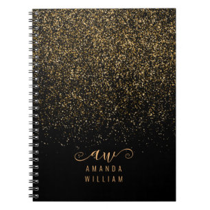 Caderno Espiral Nome do Monograma Glitter Glitter Dourado Elegante
