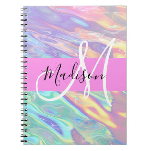 Caderno Espiral Nome do Monograma Iridescente Holográfico Rosa Gir