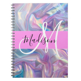 Caderno Espiral Nome do Monograma Iridescente Holográfico Rosa Gir
