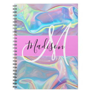 Caderno Espiral Nome do Monograma Iridescente Holográfico Rosa Gir