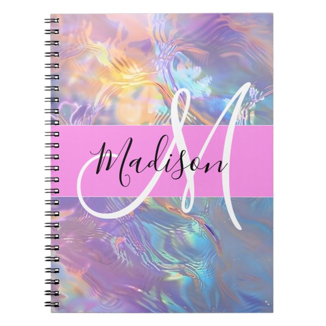 Caderno Espiral Nome do Monograma Iridescente Holográfico Rosa Gir (Frente)