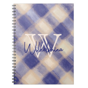 Caderno Espiral Nome do monograma marinho azul creme gingham tarta