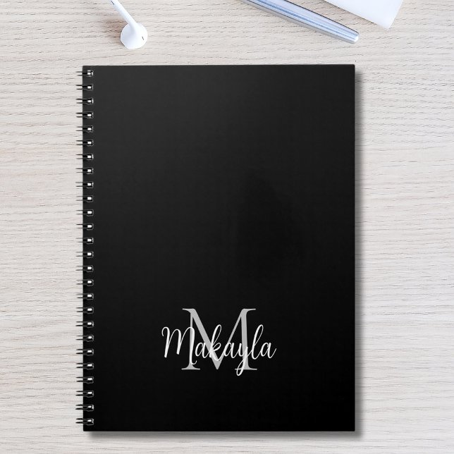 Caderno Espiral Nome do Monograma Moderno Personalizado Preto (Criador carregado)