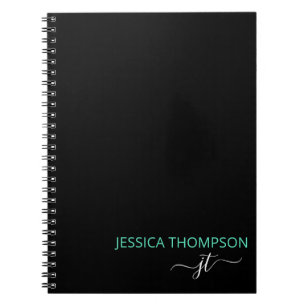 Caderno Espiral Nome do Monograma Simples de Script Preto Teal Mod