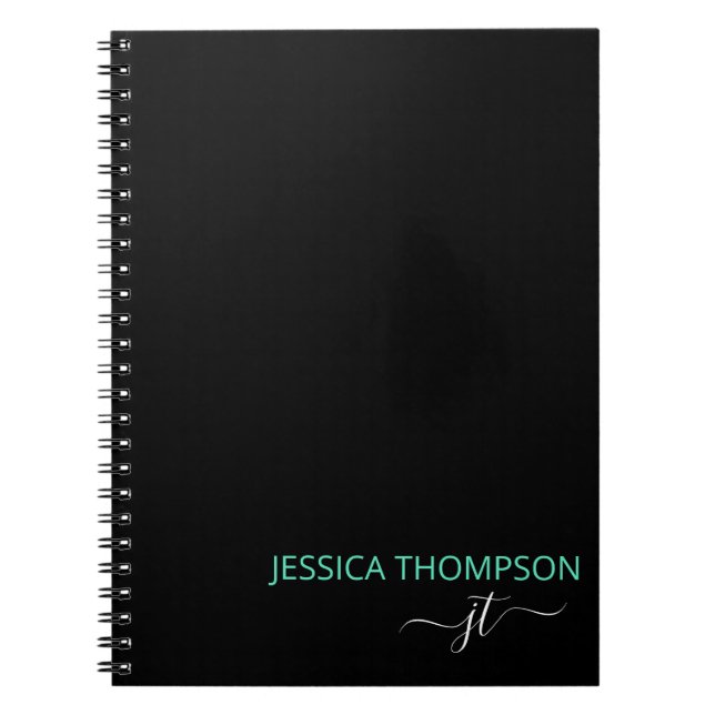 Caderno Espiral Nome do Monograma Simples de Script Preto Teal Mod (Frente)
