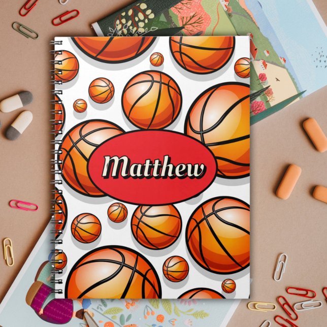 Caderno Espiral Nome do padrão de basquetebol vermelho (Criador carregado)
