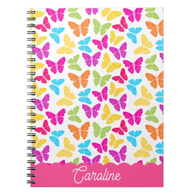 Caderno Espiral Nome do Padrão de Borboleta Rainbow Girly Vibrante (Frente)